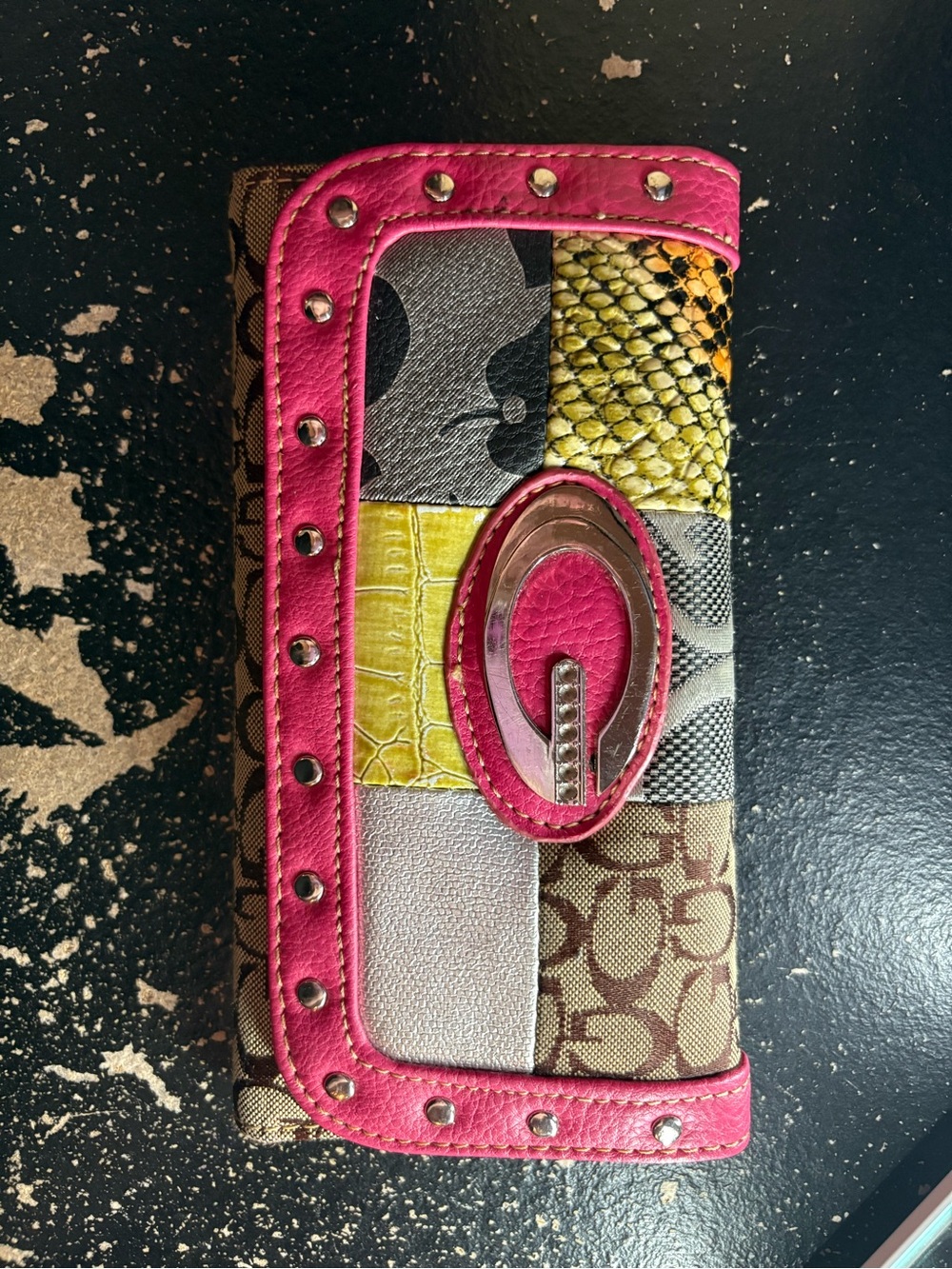 Guess Patchwork Card Holder Wallet in Pink and Multicolor Panels